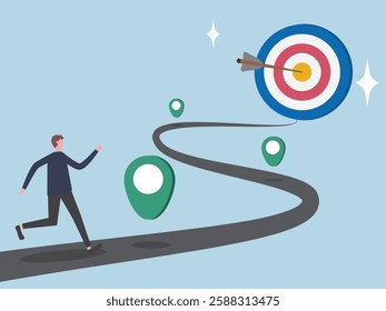 Success roadmap journey, milestone or career path achievement, route or pathway to achieve goals, accomplishment, way to success, businessman Running on the road to hit the target.