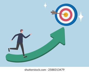 Success roadmap journey, milestone or career path achievement, route or pathway to achieve goals, accomplishment, way to success, businessman Running on the arrow to hit the target.