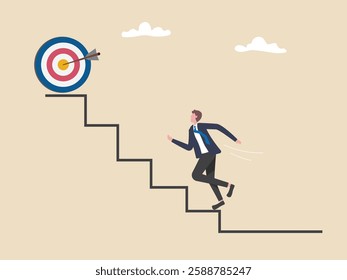 Success roadmap journey, milestone or career path achievement, route or pathway to achieve goals, accomplishment, way to success, businessman Running up to stair for hit the target.