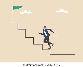 Success roadmap journey, milestone or career path achievement, route or pathway to achieve goals, accomplishment, way to success, businessman Running up to stair for hit the target.