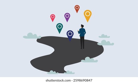 Success roadmap journey, milestone or career path achievement, route or pathway to achieve goals, accomplishment, assessment or way to success, businessman look at achievement milestone to success