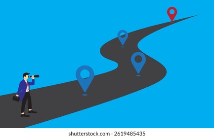 Success roadmap journey, milestone or career path achievement, route or pathway to achieve goals, accomplishment, 
assessment or way to success, businessman look at achievement milestone to success
