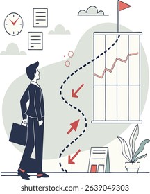 Success roadmap journey, milestone or career path achievement, route or pathway to achieve goals, accomplishment, assessment or way to success, businessman look at achievement milestone to success