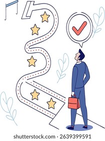 Success roadmap journey, milestone or career path achievement, route or pathway to achieve goals, accomplishment, assessment or way to success, businessman look at achievement milestone to success