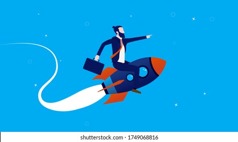 Success rocket - Businessman in high speed, pointing the way forward. Accelerate career, fast success and high goals concept. Vector illustration.