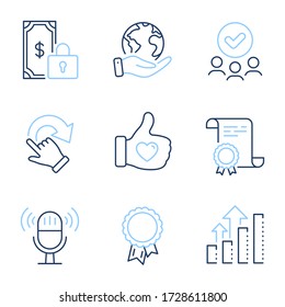 Success, Rotation gesture and Analysis graph line icons set. Diploma certificate, save planet, group of people. Microphone, Like hand and Private payment signs. Vector