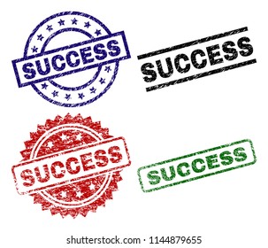 SUCCESS seal prints with damaged surface. Black, green,red,blue vector rubber prints of SUCCESS caption with dust surface. Rubber seals with round, rectangle, rosette shapes.