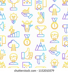 Success seamless pattern with thin line icons: trophy, idea, mountain peak, career, bullhorn, strategy, ladder, winner, medal, award, good choice, easy, certificate. Modern vector illustration.