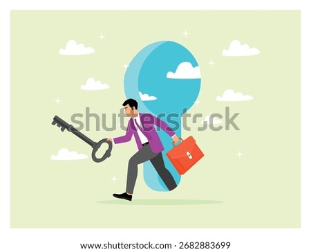 Success secret key discovery concept. businessman open door from keyhole to offer secret golden unlock key, symbolizing career opportunity to success. 