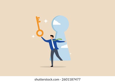 Success secret key discovery,  entrepreneur unlocks door via keyhole to present a concealed golden unlocking key. 
