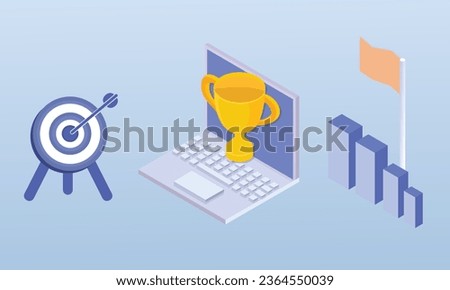 Success set. Characters setting goals, objectives, successfully accomplish achievement and receiving rewards. Business concept.on blue background.3D design.isometric vector design Illustration.