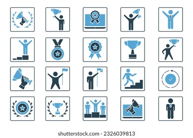 Success set icon. Contains Champion icon, winner, victory, success, hold trophy, Wreaths, celebration, and more. Solid icon style design. Simple vector design editable