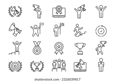 Success set icon. Contains Champion icon, winner, victory, success, hold trophy, Wreaths, celebration, and more. line icon style design. Simple vector design editable