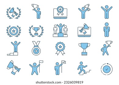 Success set icon. Contains Champion icon, winner, victory, success, hold trophy, Wreaths, celebration, and more. Flat line icon style design. Simple vector design editable