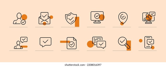 Success set icon. Green tick, Red cross, checked, done, monitor, pointer, clipboard, confirmed, achievement, received, found, arrived. Checkmark concept. Pastel color background. Vector line icon