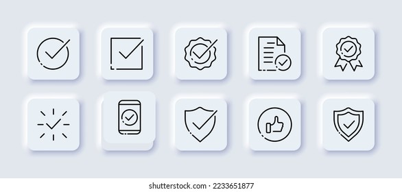 Success set icon. Green tick, Red cross, checked, done, monitor, pointer, clipboard, confirmed, achievement, received, luck. Checkmark concept. Neomorphism. Vector line icon for Business