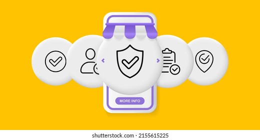 Success set icon. Tick with pointer, man, monitor, clipboard. Protection is in order. Check mark concept. UI phone app screens with people. Vector line icon for Business and Advertising