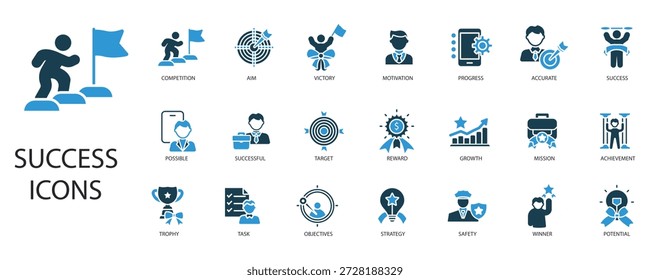 icono de conjunto de éxito y contorno de estilo plano, fondo transparente