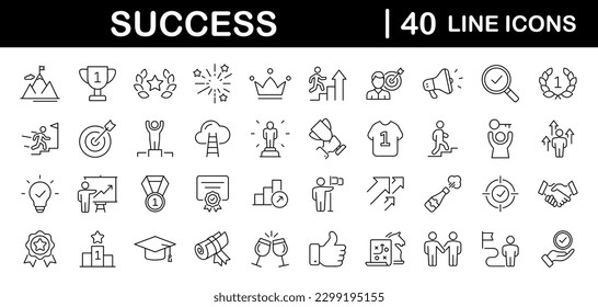 Success set of web icons in line style. Goals and Target icons for web and mobile app. Competition, awards, achievement, laurel branch, reward, winner, motivation, aim, plan and process