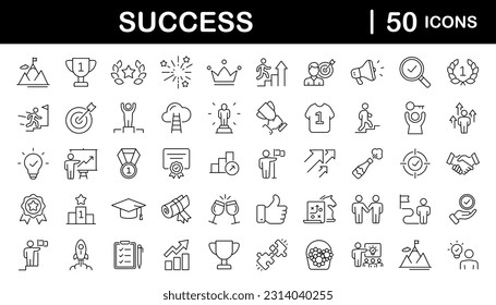 Success set of web icons in line style. Goals and Target icons for web and mobile app. Competition, awards, achievement, laurel branch, reward, winner, motivation, aim, plan and process