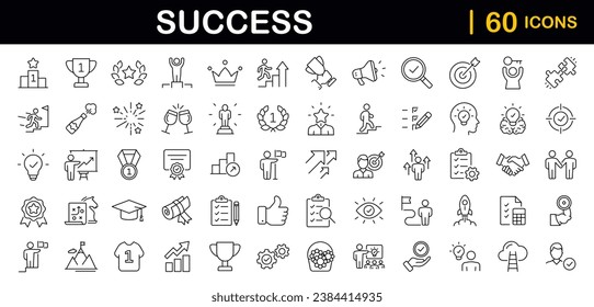 Success set of web icons in line style. Goals and Target icons for web and mobile app. Competition, awards, achievement, laurel branch, reward, winner, motivation, aim, plan and process