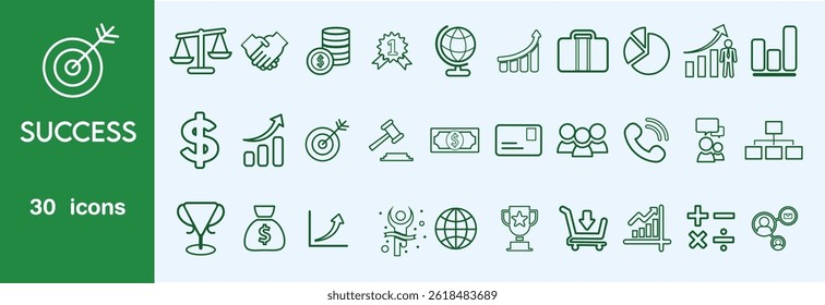 Success set of web icons in line style. Successful business development linear icon collection. Containing achievement, successful, strategy, winner, teamwork, goal, brainstorm. Editable stroke