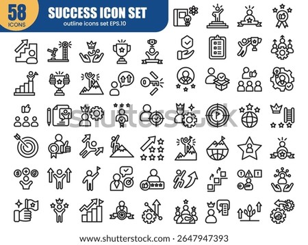 Success set of web icons in line style. Successful business development linear icon collection. Containing achievement, successful, strategy, winner, teamwork, goal, brainstorm. Editable stroke