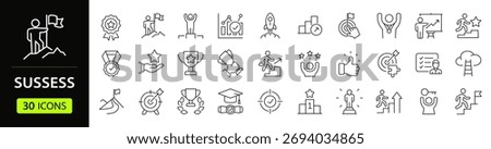 Success set of web icons in line style. Successful business development linear icons collection. Containing achievement, successful, strategy, winner, teamwork, goal, brainstorm. Editable stroke