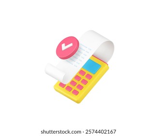 Success shopping payment POS machine terminal and receipt 3d icon realistic vector illustration. Approved buying paying financial banking transaction commercial retail technology