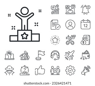 Success sign. Salaryman, gender equality and alert bell outline icons. Winner podium line icon. First place award symbol. Winner line sign. Spy or profile placeholder icon. Vector