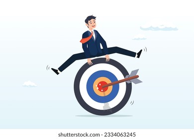 Success skillful businessman jumping over arrow hit bullseye target, achieve target, reaching goal or obtain business objective and purpose, accomplishment, success mission or victory concept (Vector)