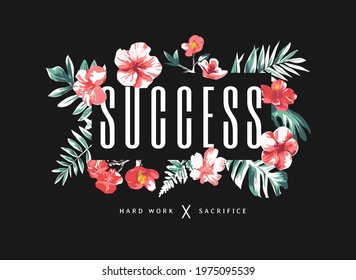 success slogan in colorful wild flowers frame on black background