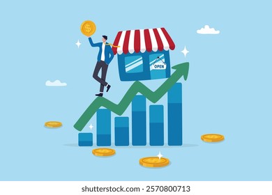 Success small business, entrepreneur growing retail store, marketing growth, business owner or sale and merchandise concept, businessman entrepreneur business owner on growing graph and chart.