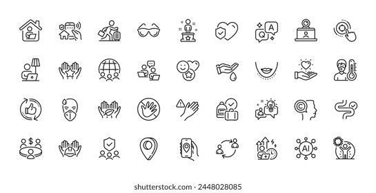 Success, Smile and Dont touch line icons pack. AI, Question and Answer, Map pin icons. Writer, Fair trade, Video conference web icon. Vector