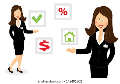 Success smiling cartoon businesswoman offers right choice