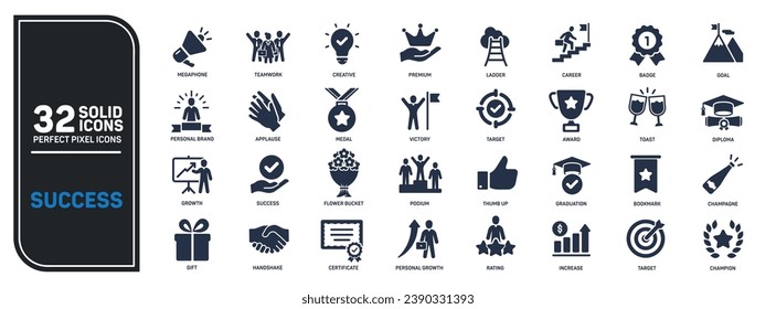 Success solid icons collection. Containing achievement, award, reward, victory etc icons. For website marketing design, logo, app, template, ui, etc. Vector illustration.