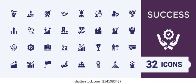 Success solid web icon set. Contains such icons as goal, customer, lead, first, people, development. Simple web icons. 
