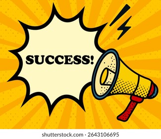 Success speech bubble. Megaphone, lightning, speech burst, sound lines, pop art style, loudspeaker, public speaking, yellow background, expression, voice, alert, broadcast