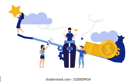 Estrella de éxito con ilustración de concepto vectorial de escala de equilibrio. El hombre y la mujer evalúan los antecedentes de retroalimentación plana mejor calificándolo como cliente. El éxito del trabajo de los personajes premiados. Objetivo de trabajo creativo