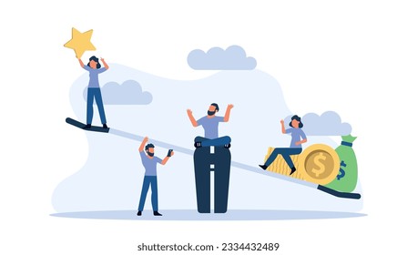 Success star with balance weight scale vector concept illustration. Man and woman flat feedback background evaluation best rating customer. Achievement character award work dream. Job goal creative