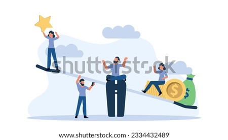 Success star with balance weight scale vector concept illustration. Man and woman flat feedback background evaluation best rating customer. Achievement character award work dream. Job goal creative