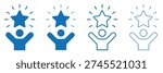 Success star celebration icon set. Blue line and solid employee award icon. Person reaching for achievement, winning glory concept, leadership motivation, professional growth stages.