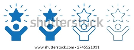 Success star celebration icon set. Blue line and solid employee award icon. Person reaching for achievement, winning glory concept, leadership motivation, professional growth stages.