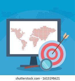 success start up business computer target magnifier world vector illustration