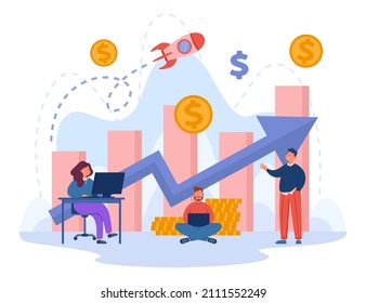 Success of startup managers working near growth of profit chart. Financial achievement, work progress and rocket launch of tiny corporate people flat vector illustration. Finance, opportunity concept