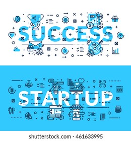 Success and StartUp. Modern style heading, title, web banner. Horizontal colored in white and blue flat vector illustration.