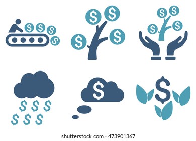 Success Startup vector icons. Pictogram style is bicolor cyan and blue flat icons with rounded angles on a white background.