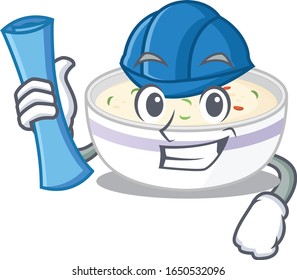 A success of steamed egg Architect having blue prints and blue helmet