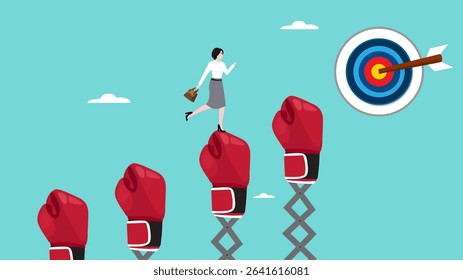 success step to achieve business target by going through various obstacles, effort to reach goal or success, business woman climbs the ladder from the boxing glove obstacle course to the target board