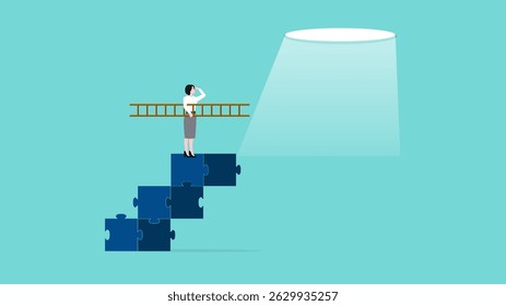 etapa de sucesso para alcançar a liberdade financeira ou meta de negócios, meta de negócios como processo de realização de meta de lucro, a maneira de alcançar a meta, empresária fazendo escada de quebra-cabeça para o espaço de liberdade